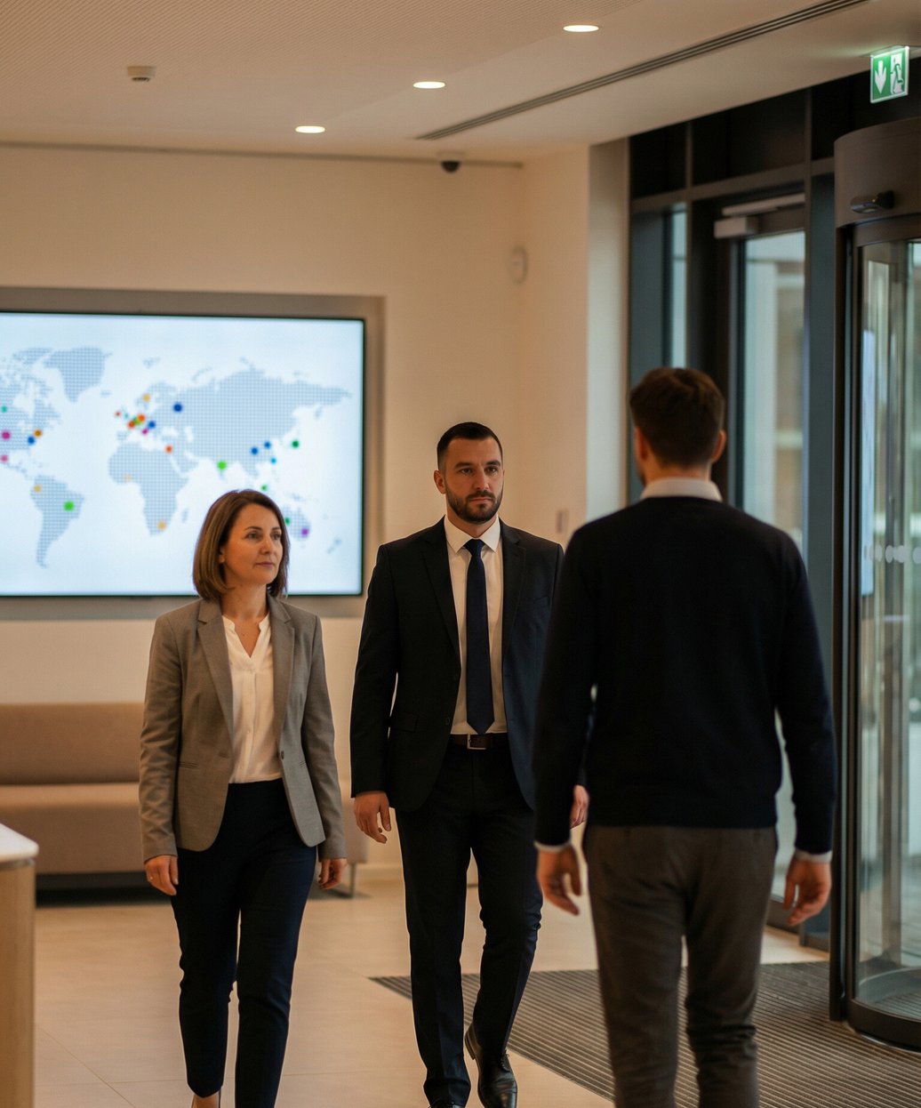 Professional security agent maintaining workplace safety during high-risk employee separation