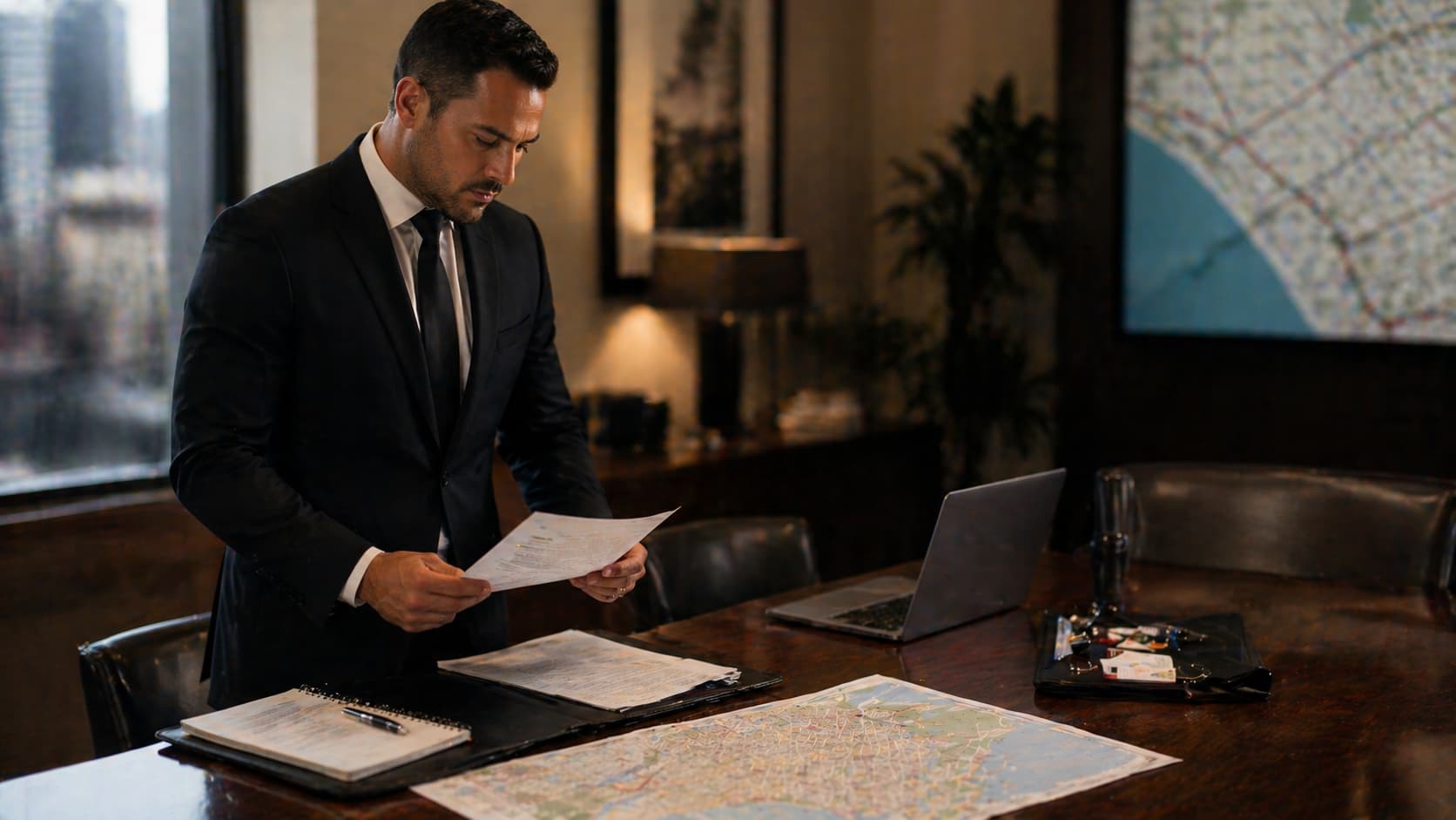 Executive protection specialist demonstrating intelligence-led security planning with documents and credentials