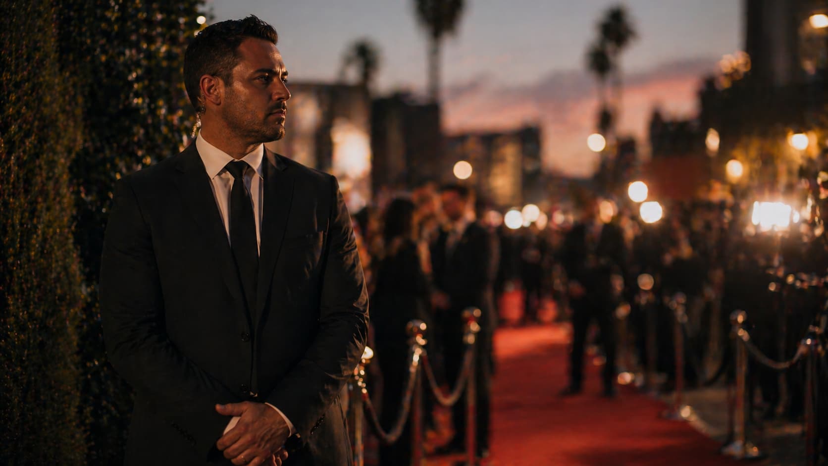Discreet bodyguard providing professional celebrity protection in a Los Angeles entertainment setting