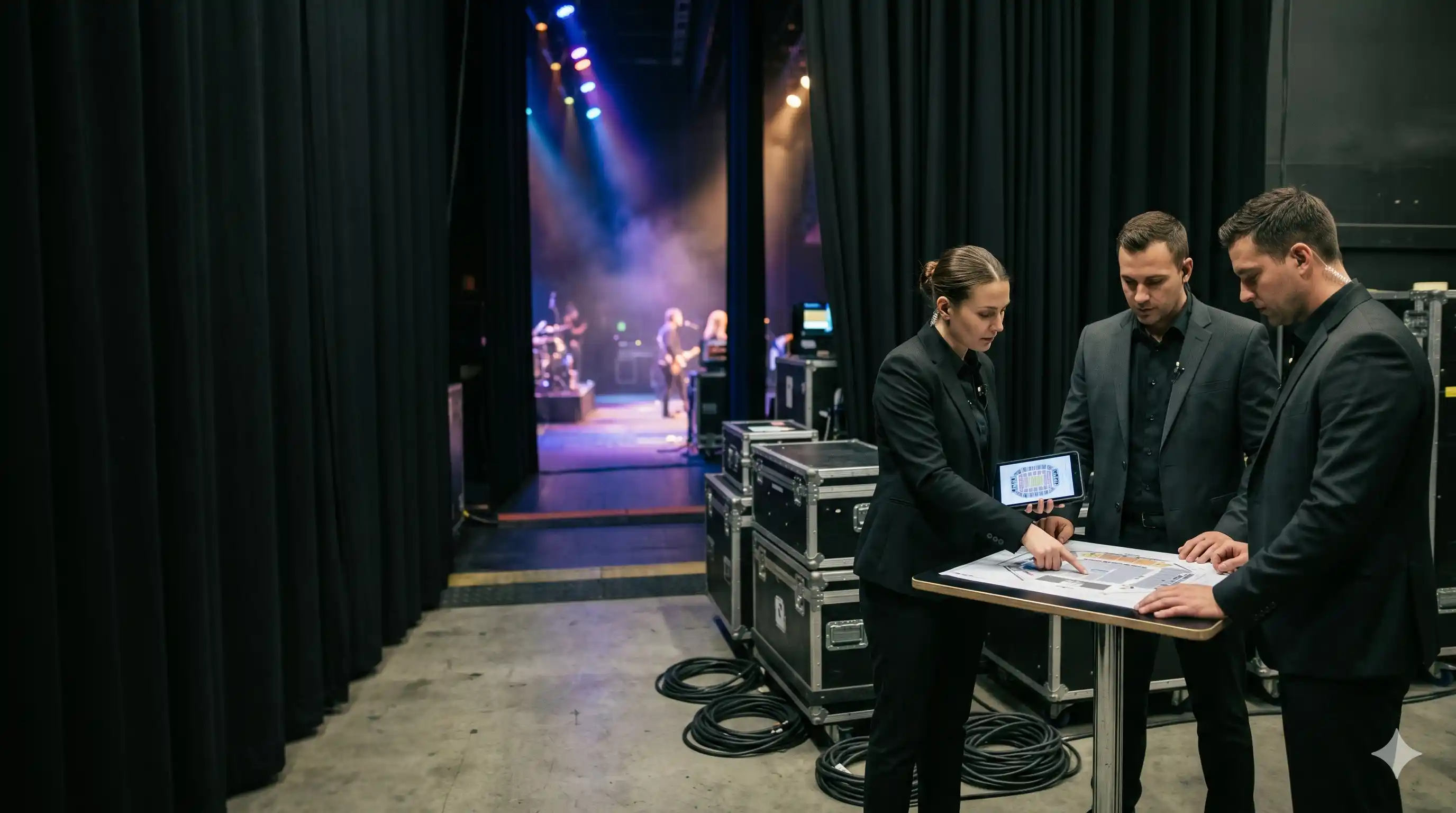Pentagon protection team coordinating security backstage at a concert venue