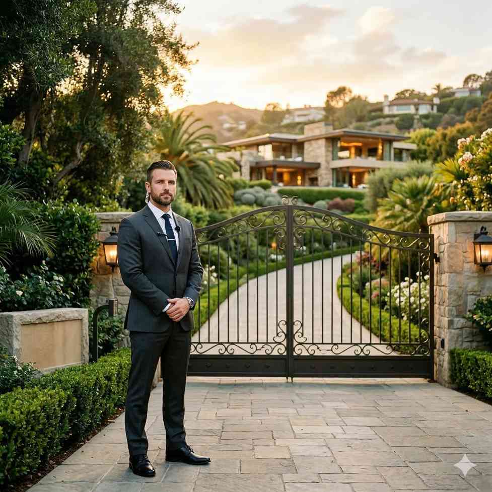 Professional estate security agent standing at the entrance of a luxury Southern California property
