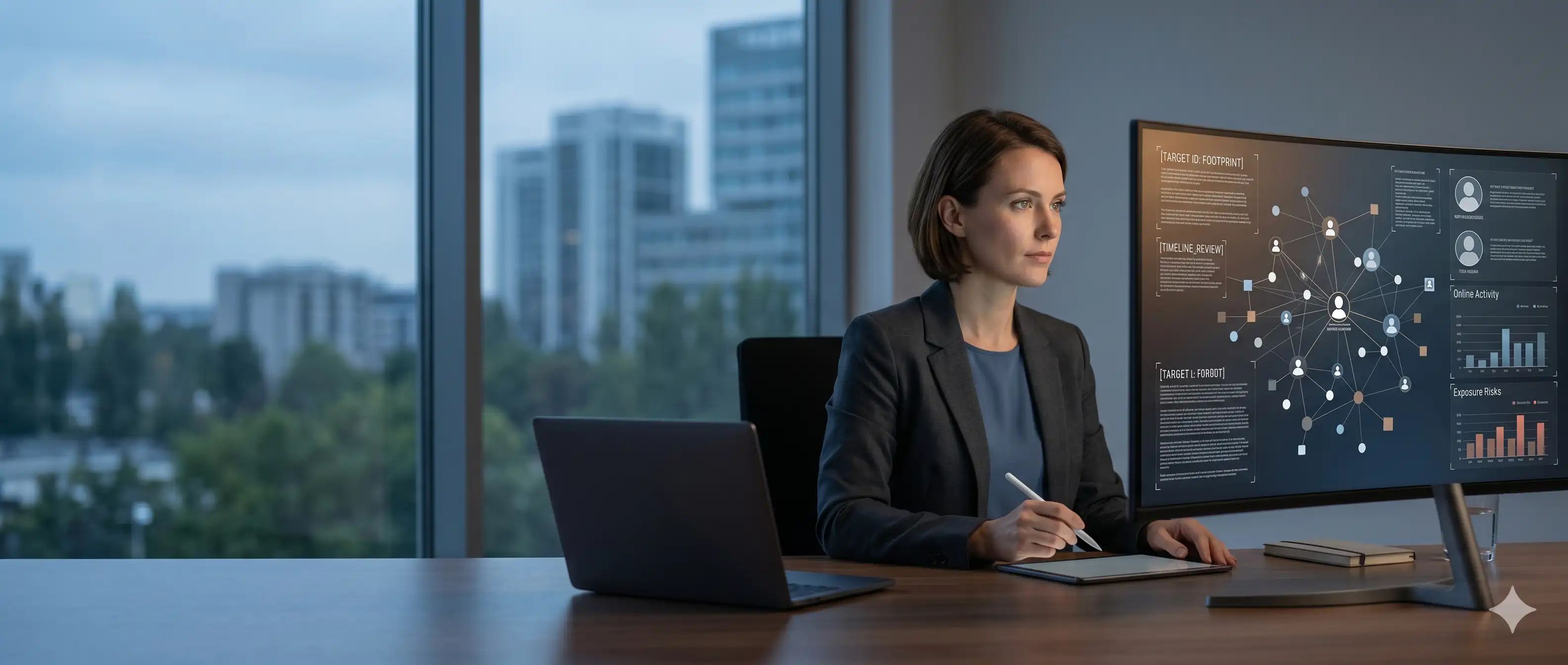 Pentagon analyst reviewing an executive's online exposure and digital footprint on a screen
