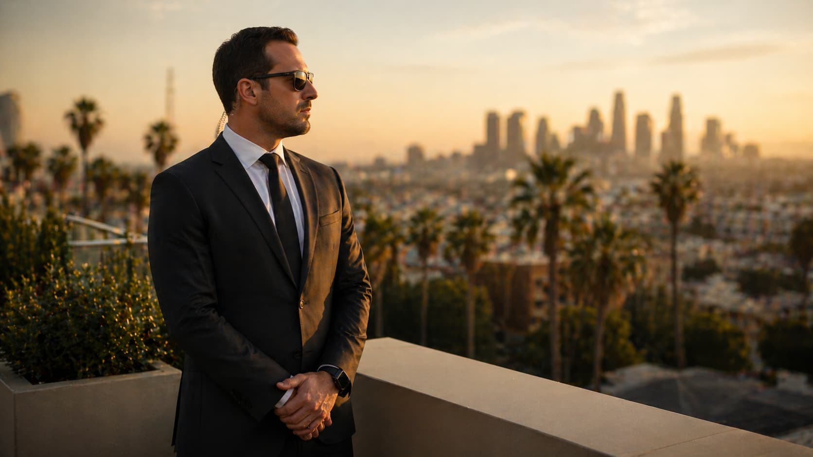 Executive protection agent providing discreet security across a California cityscape