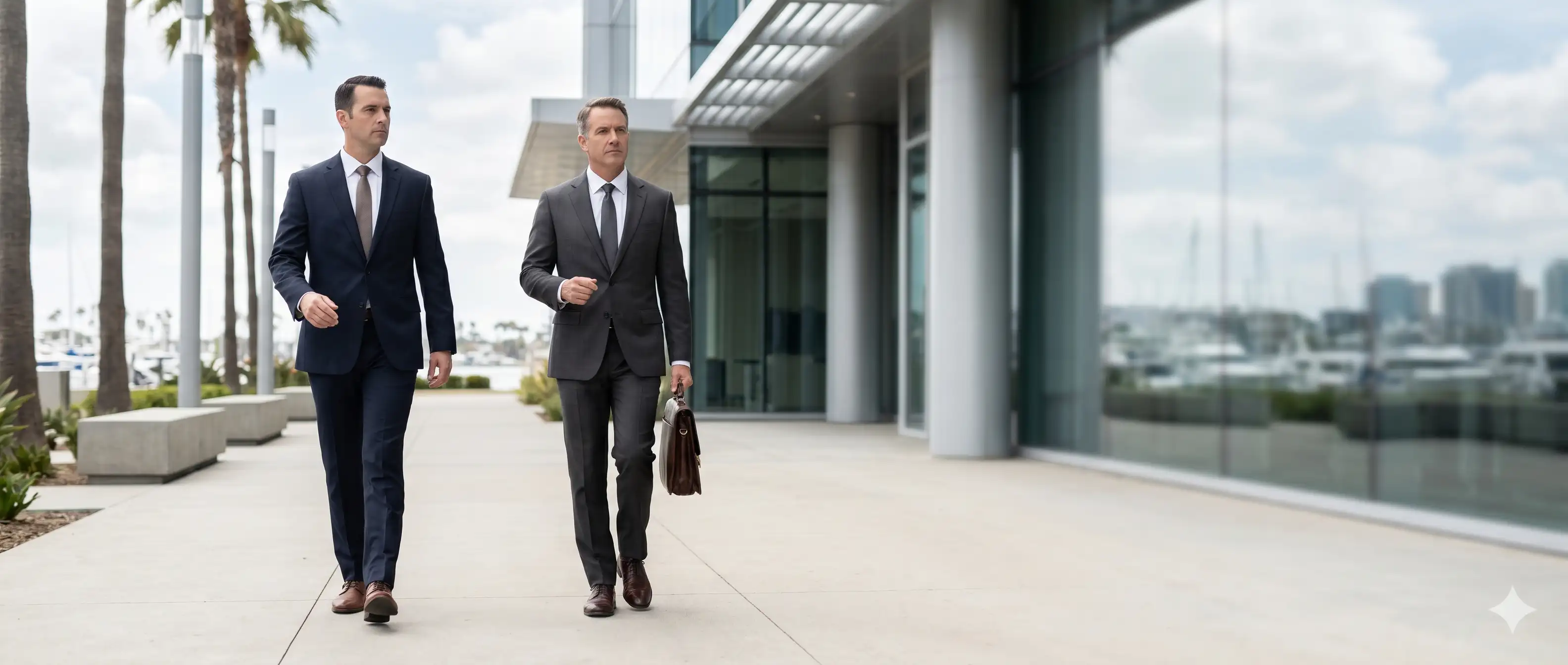 Pentagon executive protection agent escorting a corporate leader outside a San Diego office building