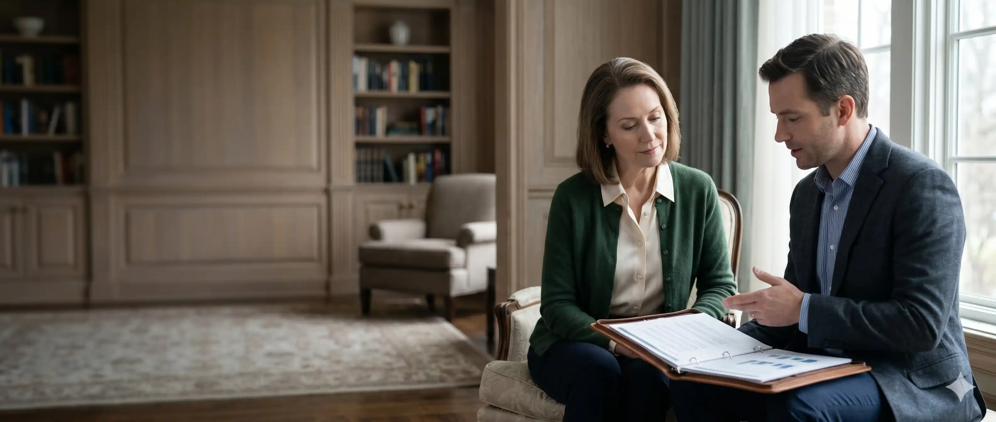 Pentagon security advisor reviewing a family office protection plan with a principal in a private residence