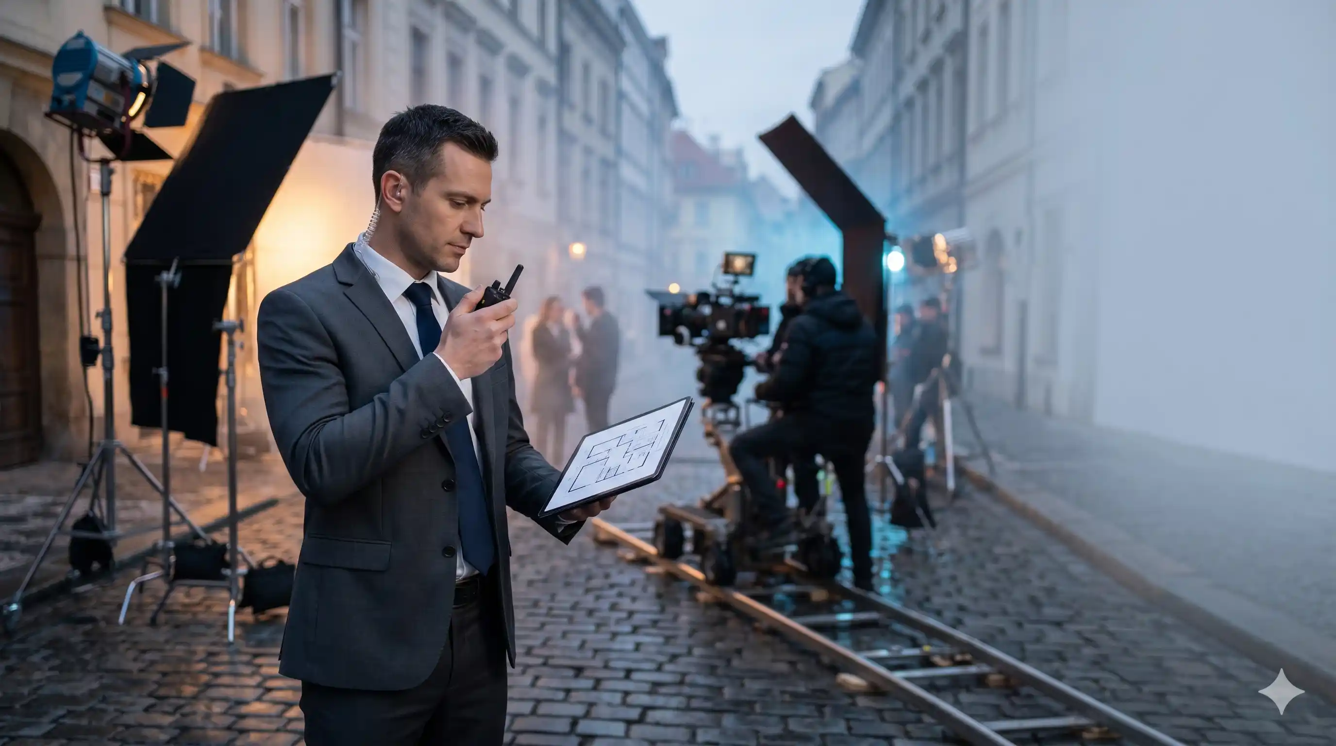 Pentagon security professional coordinating protection on a film production set