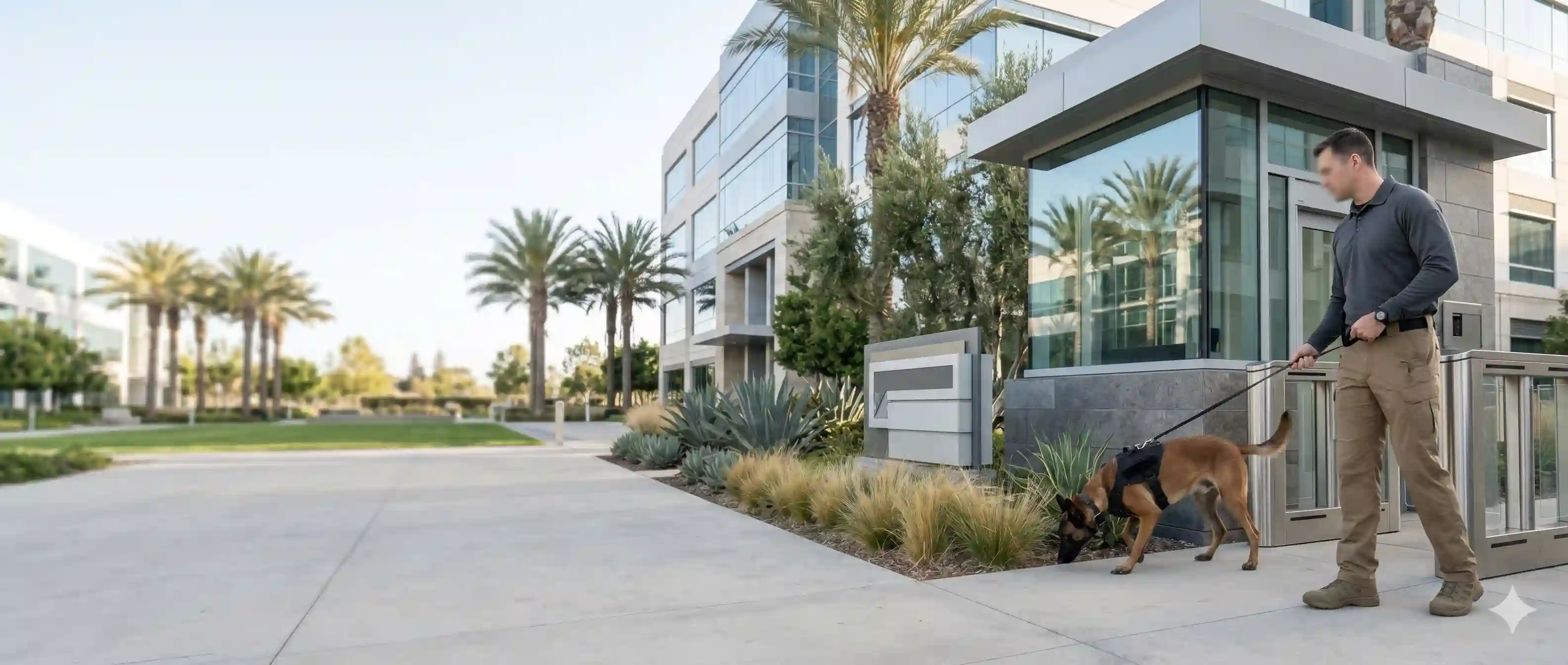 Pentagon K9 security handler and detection dog screening an Orange County corporate campus