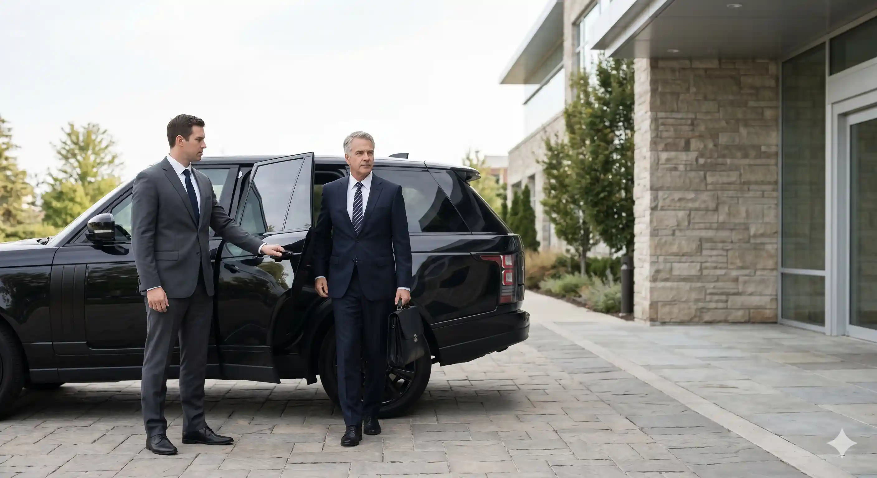 Pentagon protective driver opening a vehicle door for an executive outside a corporate building