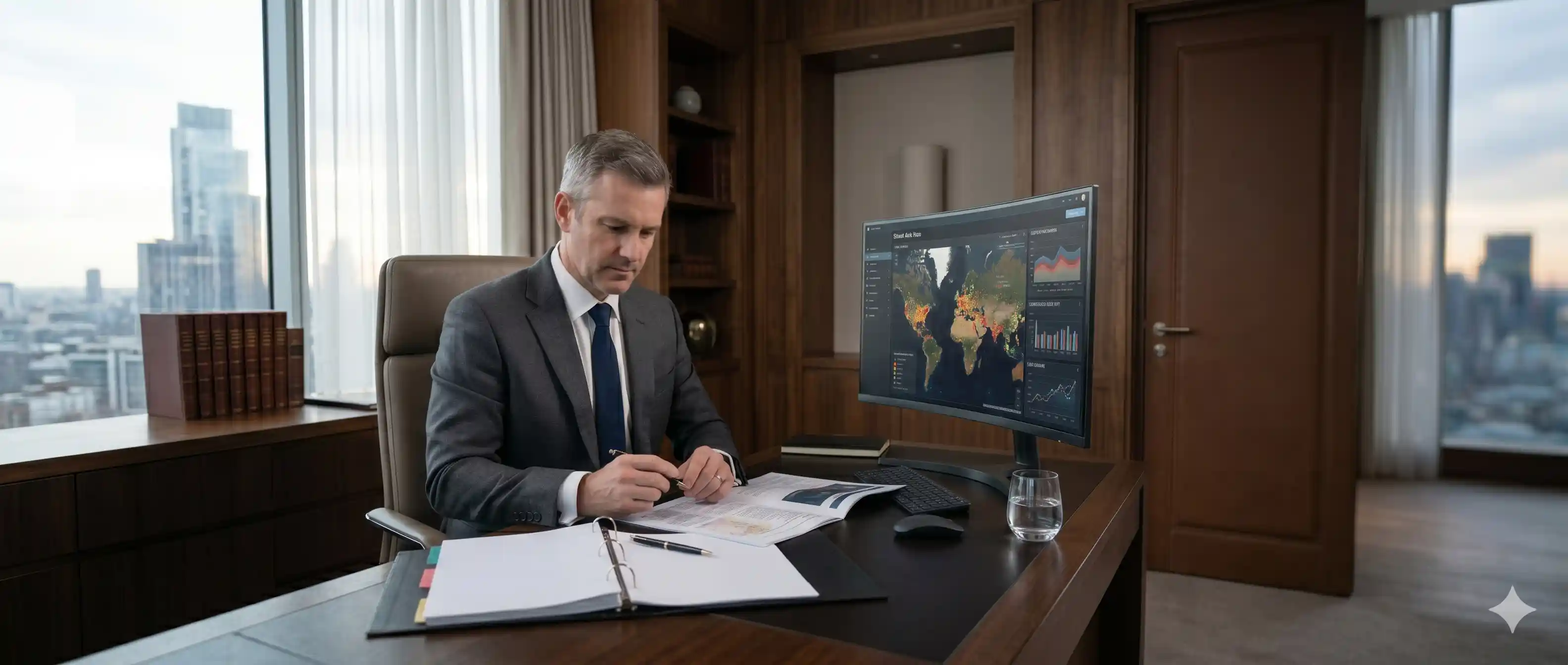 Pentagon threat assessment specialist reviewing corporate security risk intelligence in a discreet office setting