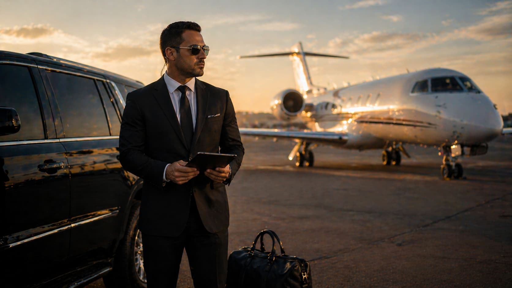 Executive protection specialist coordinating secure travel logistics with luggage and private transportation