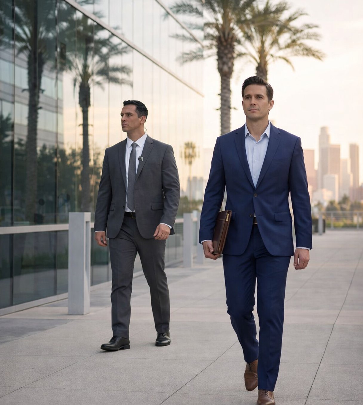Pentagon corporate security team walking outside a modern building with the Los Angeles skyline in the background